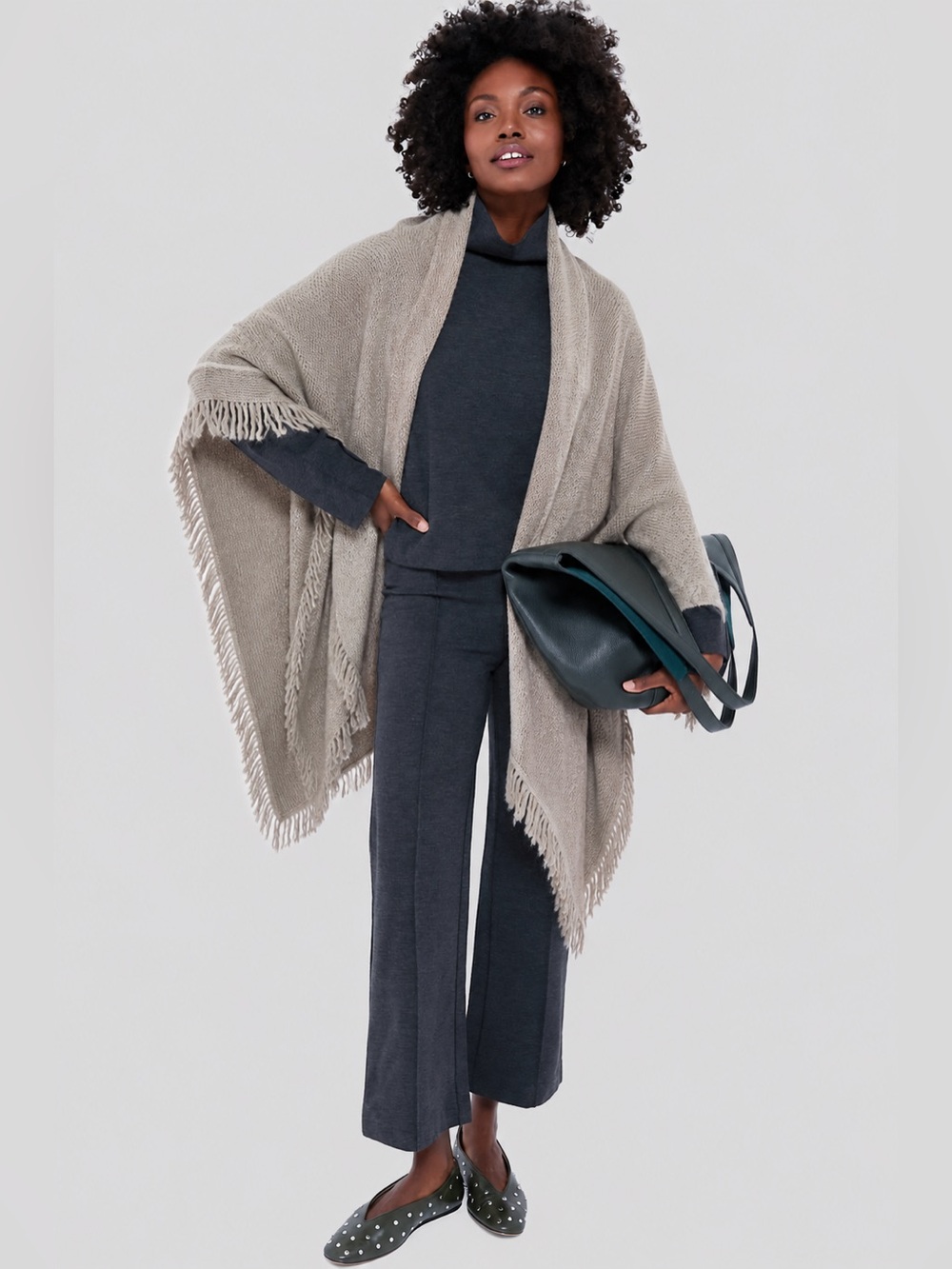 Wooden Ships Wool Mohair Shawl Wrap Poncho Sweater Knit Fringed Neutral Tan *M